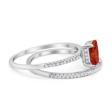 Art Deco Two Piece Wedding Ring Radiant Simulated Garnet CZ 925 Sterling Silver